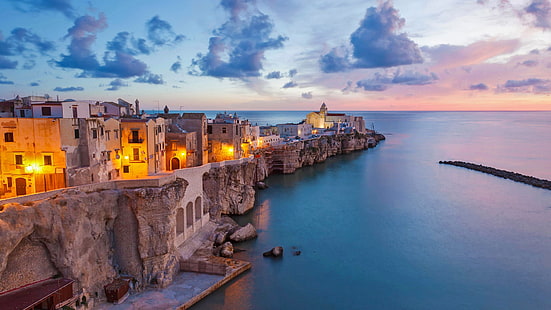 zbiornik wodny, morze, światła, dom, Włochy, przylądek, Apulia, Vieste, Tapety HD HD wallpaper