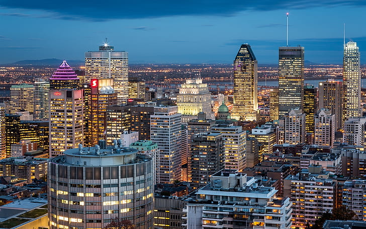 モントリオール、ケベック、カナダ、都市、建物、夜、ライト、高層ビルの航空写真、モントリオール、ケベック、カナダ、都市、建物、夜、ライト、 HDデスクトップの壁紙