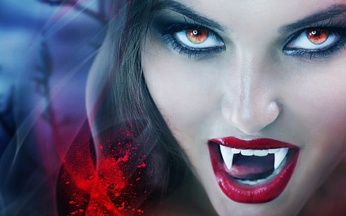 Modelo, respingos de sangue, vampiros, lábios suculentos, olhos vermelhos, mulher vampira, modelo, respingos de sangue, vampiros, lábios suculentos, olhos vermelhos, 2560x1600, HD papel de parede HD wallpaper