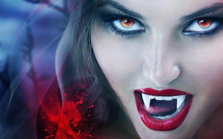 model, blood spatter, vampires, red eyes, juicy lips, HD wallpaper