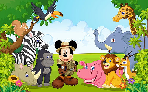 Mickey Mouse Mit Freunden Aus Dem Dschungel Safari Cartoon Hd Wallpaper 3840 × 2400, HD-Hintergrundbild HD wallpaper