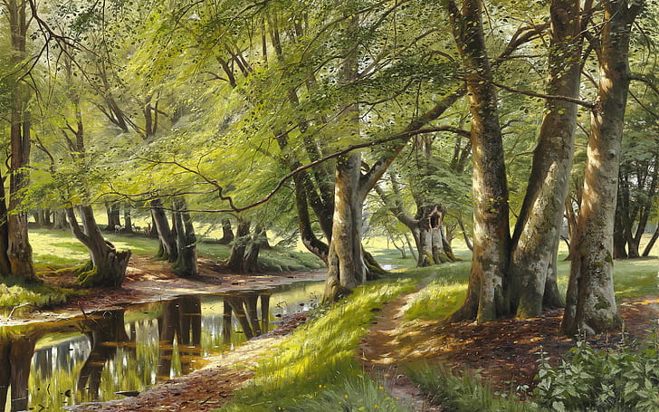 1908, pintor danés, Peter Merk de Menstad, Peder Mørk Mønsted, pintor realista danés, óleo sobre lienzo, día de verano en el bosque con ciervos, un día de verano en el bosque con ciervos, Fondo de pantalla HD