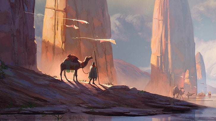 갈색 낙타, 디지털 아트, 낙타, 카멜로, 사막, HD 배경 화면