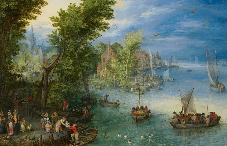 människor, bild, båtar, flodlandskap, Jan Brueghel den äldre, HD tapet