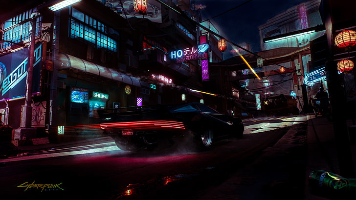 modèle moulé sous pression de voiture noir et rouge, style rétro, voiture, Japon, retrowave, fond sombre, art numérique, nuit, lumières artificielles, Cyberpunk 2077, Fond d'écran HD