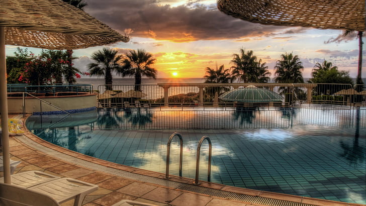 puesta de sol, piscina, HDR, palmeras, tropical, resort, mar, Fondo de pantalla HD