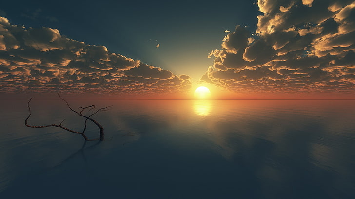 alam, lanskap, air, awan, refleksi, horizon, cabang, sinar matahari, Matahari, Wallpaper HD