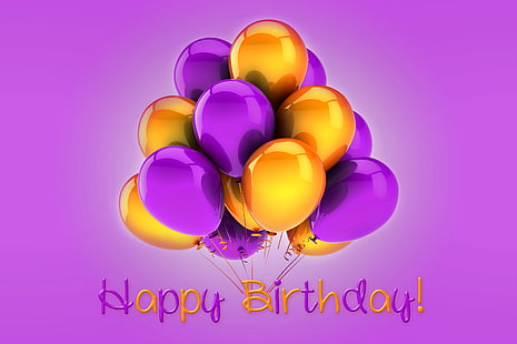 purple and yellow balloons illustration, balloons, birthday, colorful, Happy Birthday, Design by Marika, HD wallpaper HD wallpaper