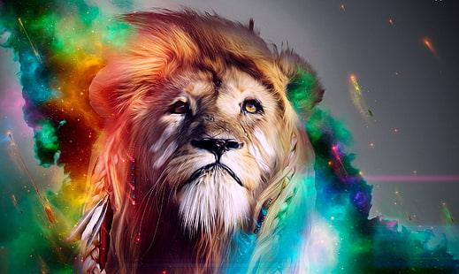 singa, berwarna-warni, seni digital, hewan, Wallpaper HD HD wallpaper
