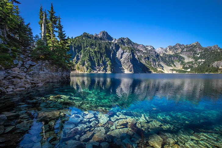 mountains, lake, stones, the bottom, Washington, The cascade mountains, Washington State, Cascade Range, Snow Lake, HD wallpaper