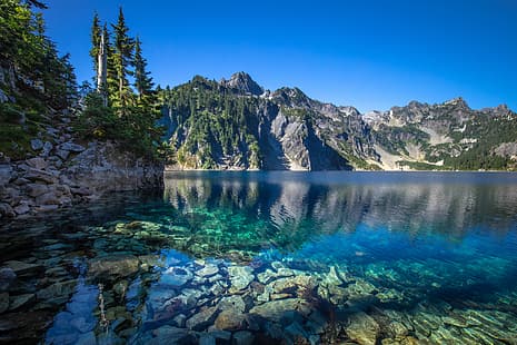 горы, озеро, камни, дно, штат Вашингтон, Каскадные горы, штат Вашингтон, Cascade Range, Snow Lake, HD обои HD wallpaper