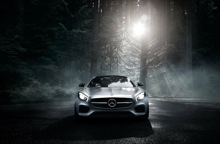 Mercedes-Benz, Dark, Front, AMG, Sun, Color, Silver, Forest, 2016, GT S, HD tapet