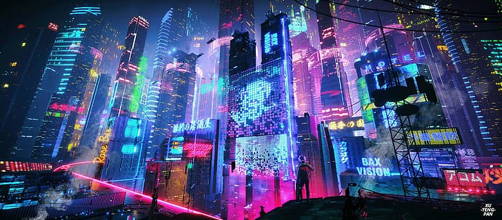 Xuteng Pan, digital, arte digital, obra de arte, ilustração, paisagem urbana, arranha-céu, cyberpunk, cidade, noite, néon, luzes de neon, HD papel de parede