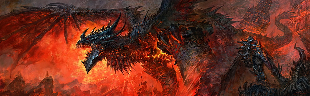 dragones world of warcraft deathwing artwork world of warcraft cataclismo 2880x900 Videojuegos World of Warcraft HD Art, dragones, world of warcraft, Fondo de pantalla HD HD wallpaper