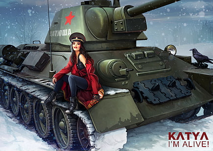 Katya illustration, winter, girl, snowflakes, figure, art, tank, USSR, in red, crow, cap, coat, average, World of Tanks, T-34-76, Nikita Bolyakov, Katya Lee, HD wallpaper HD wallpaper