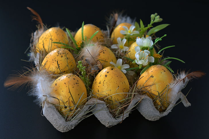 sox orange eggs, easter, easter eggs, eggs, ornaments, feathers, flowers, HD wallpaper