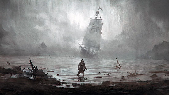 nave dei pirati fantasy art mare, Sfondo HD HD wallpaper