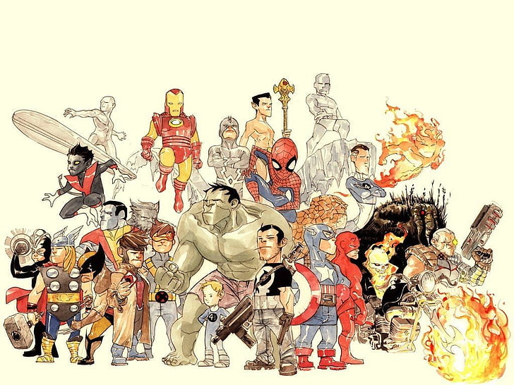 Marvel Superheroes illustration, The Avengers, Comics Marvel, X-Men, Four Fantastic, Audacieux, Spider-Man, Punisher, Ghost Rider, Man-Thing, Surfer d'argent, Namor, Câble, Black Bolt, Fond d'écran HD