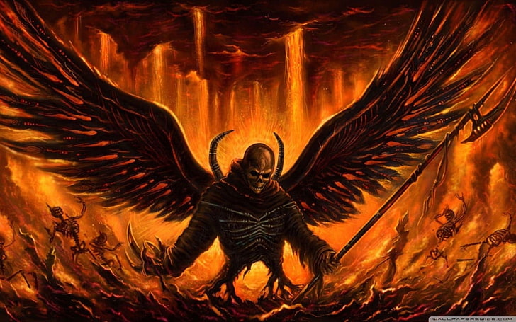 demone alato circondato con grafica di fiamma, Satana, Lucifero, Diavolo, ali, inferno, fuoco, Sfondo HD