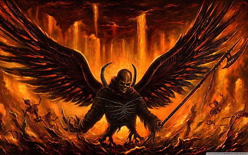 крылатый демон в окружении пламени, сатана, люцифер, дьявол, крылья, ад, огонь, HD обои HD wallpaper