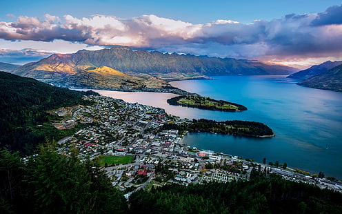 Queenstown, Nya Zeeland, Lake Wakatipu, vik, berg, stad, Queenstown, Nya Zeeland, Lake, Wakatipu, Bay, Mountains, City, HD tapet HD wallpaper