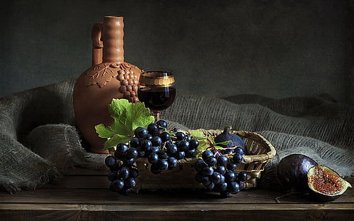 Фотография, натюрморт, грозде, листа, стомна, вино, HD тапет HD wallpaper