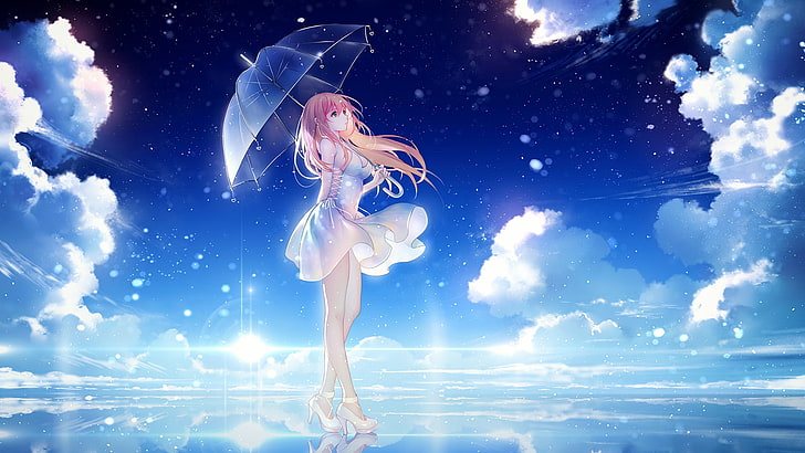 Anime, Anime Girls, Blond, Regenschirm, weißes Kleid, Himmel, lange Haare, Absätze, Wolken, HD-Hintergrundbild