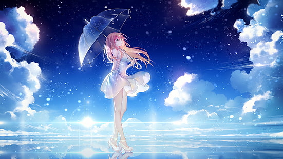 anime, anime kızlar, sarışın, şemsiye, beyaz elbise, gökyüzü, uzun saç, topuklar, bulutlar, HD masaüstü duvar kağıdı HD wallpaper