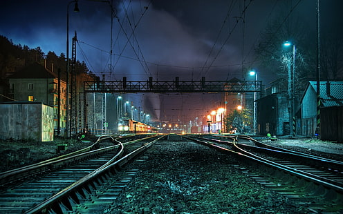 estação ferroviária, noite, trem, estação ferroviária, ferrovia, veículo, HD papel de parede HD wallpaper