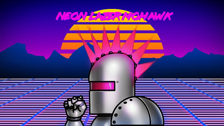 Neon Lazer Mohawk, 1980-е, ретро-игры, робот, сетка, цифровое искусство, закат, солнце, красочные, текст, HD обои