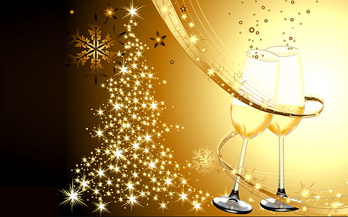 Weihnachtshintergrund-Gläser mit Champagne Happy Christmas und guten Rutsch ins Neue Jahr-goldenem Hintergrund, HD-Hintergrundbild HD wallpaper
