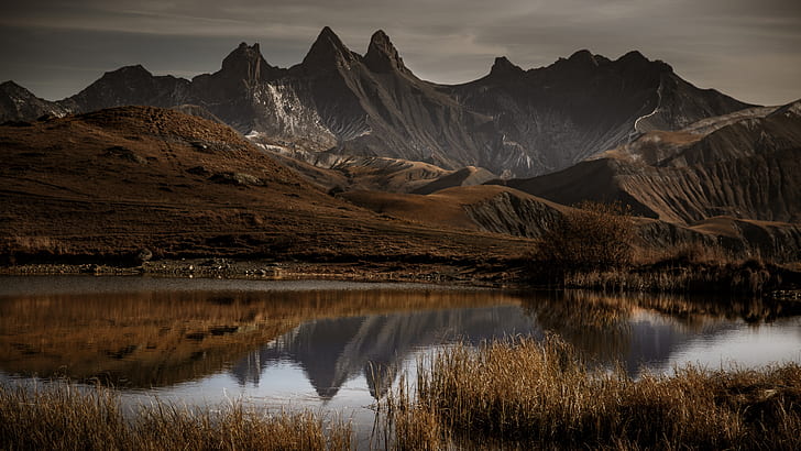 mountain lake, mountain, lake, landscape, peak, reflection, peaks, ridge, HD wallpaper