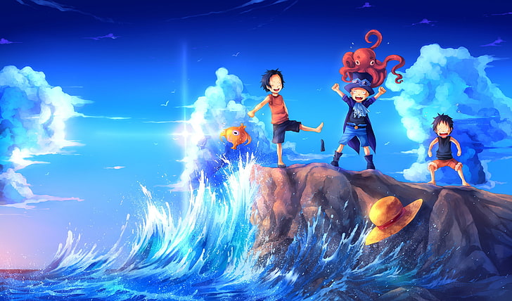 One Piece Monkey D. Luffy, Sabo, and Ace D. Roger illustration, One Piece, Monkey D. Luffy, waves, octopus, Portgas D. Ace, Sabo, hat, fish, lens flare, rock, manga, sea, anime boys, anime, HD wallpaper
