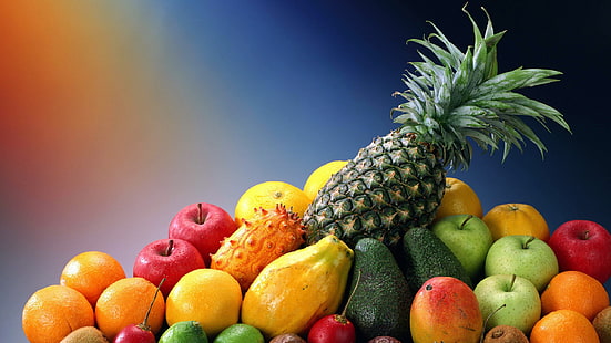 arreglo de frutas variadas, comida, manzanas, piñas, naranja (fruta), tomates, Fondo de pantalla HD HD wallpaper