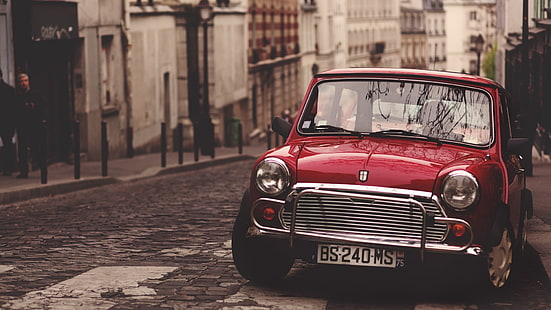 classic red vehicel, car, street, Mini Cooper, British, France, HD wallpaper HD wallpaper