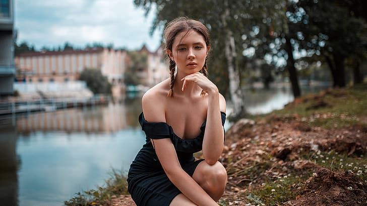 girl, cleavage, river, dress, legs, photo, photographer, park, model, bokeh, lips, face, brunette, portrait, mouth, pigtails, squatting, looking at camera, dark eyes, depth of field, bare shoulders, minidress, looking at viewer, Disha Shemetova, Kate Monich, HD wallpaper