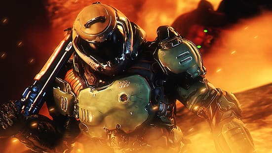 Bethesda Softworks, Doom guy, Doom (2016), personaggi dei videogiochi, fucile a pompa, fuoco, Doom slayer, schermata, Sfondo HD HD wallpaper
