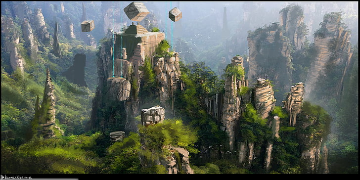 papel tapiz digital de formación de roca marrón, captura de pantalla de formación de roca, obra de arte, arte de fantasía, arte conceptual, montañas, naturaleza, paisaje, Fondo de pantalla HD
