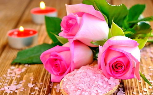 Романтичен натюрморт, романтичен, натюрморт, красив, цветя, красота, свещи, рози, мек, розов, мекота, HD тапет HD wallpaper