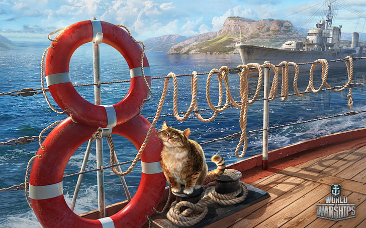 World Warshipsの壁紙、海、猫、船、ロープ、デッキ、3月8日、おめでとう、救命浮環、World Of Warship、 HDデスクトップの壁紙