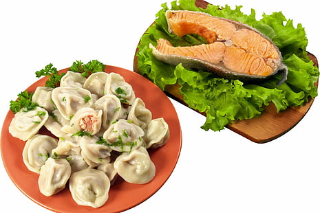 steamed dumplings and salmon slice, dumplings, fish, steak, greens, HD wallpaper HD wallpaper
