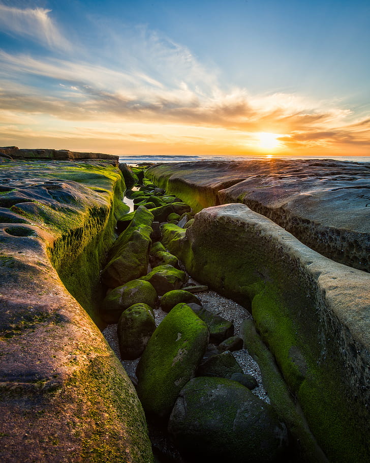 green moss forming on rocks located in the middle of a trench near body of water under stratus clouds during daytime, middle, trench, body of water, stratus clouds, daytime, La Jolla, Beach, Coast, Rock, Low Tide, Waves, Wave, Pacific  Ocean, Sunset, into the sun, hdr, 32-bit, canon 5d mark iii, mark 3, nature, landscape, rock - Object, sea, sky, scenics, outdoors, HD wallpaper