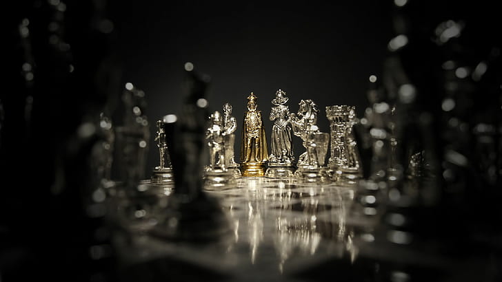 шахматы, геймер, король, королева, игровая доска, части, башня, конь, епископ, пешки, серебро, золото, HD обои