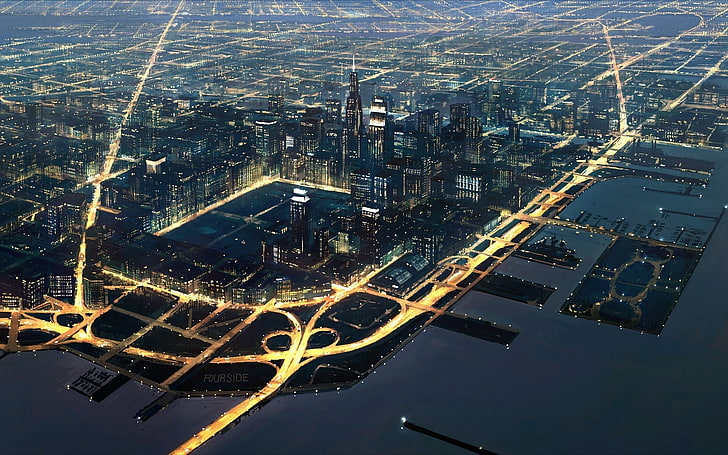 aerial photo of Metropolitan, cityscape, fantasy art, artwork, road, building, architecture, sea, lights, long exposure, HD wallpaper