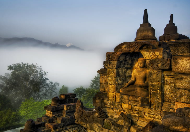 architecture, religious, temple, Indonesia, Buddha, Buddhism, HDR, trees, mountains, mist, stones, sculpture, meditation, calm, HD wallpaper