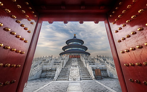 бело-черная иллюстрация храма, фотография серой бетонной лестницы, азиатская архитектура, архитектура, старое здание, здание, красный, лестница, HD обои HD wallpaper