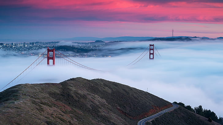 cloud, pink sky, golden gate bridge, foggy, fog, united states, usa, san fransisco, california, HD wallpaper