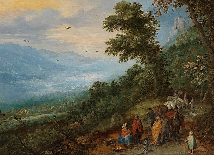 pejzaż, obraz, Jan Brueghel starszy, obóz cygański w lesie, Tapety HD