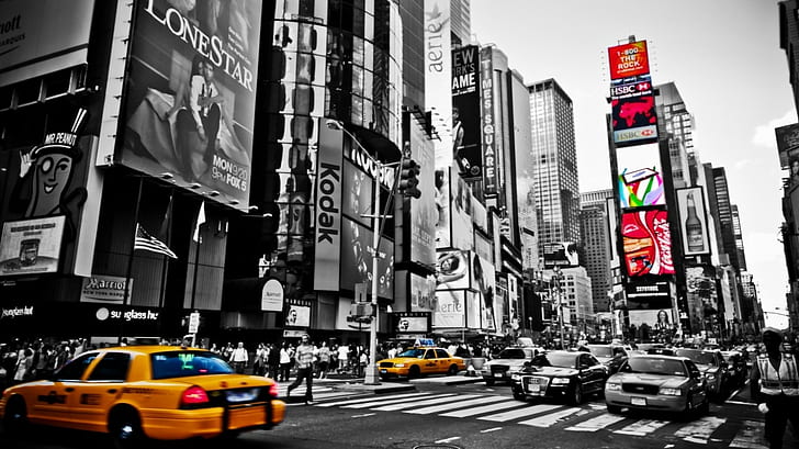 New York, Colorazione selettiva, Via, Automobili, New York City, colorazione selettiva, via, automobili, Sfondo HD