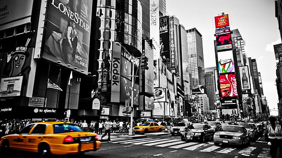 Foto selectiva de taxi en la ciudad de Nueva York, Nueva York, taxi, coloración selectiva, calle, Fondo de pantalla HD HD wallpaper